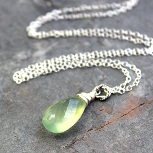 Prehnite Necklace Focal Briolette Gemstone Teardrop Lime Green Sterling Silver 18" Length
