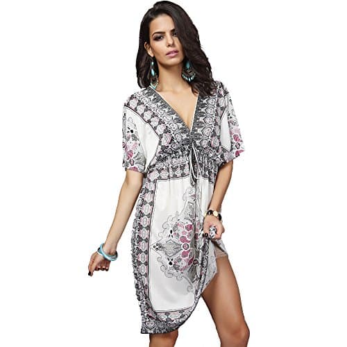 SMUDGE Life Women's White Ethnic Print Kaftan Maxi Dress Summer Beach Dress