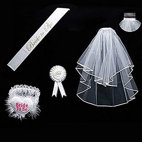 Waymore Premium Bride to be Decoration Set for Bachelorette Parties and Bridal Showers Supply 4pcs (White Double Ribbon Edge Center Cascade Wedding Veil with Comb+Satin Sash+Rosette Badge+Lacy Garter