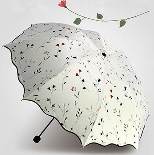 Anti-UV Sun Umbrella Triple Folding UV Protected Parasol Windproof Tested Compact Travel Umbrella Vintage Flower Pattern Compact Parasol Flouncing Lotus Leaves Cherry Rain Beige