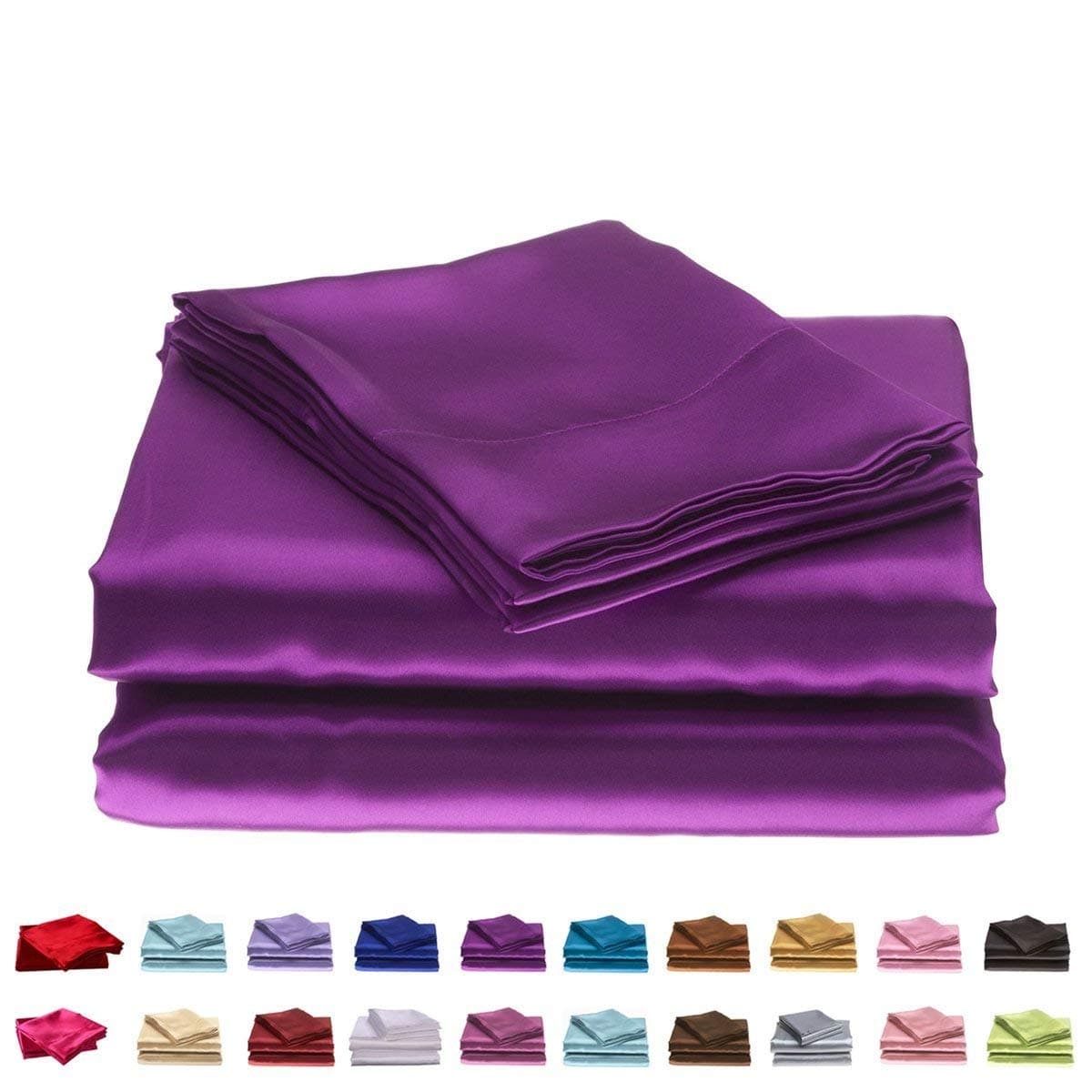 MOONLIGHT BEDDING Ultra Silky Soft and Luxurious Satin 4-Piece Queen Bed Sheet Set 15'' deep - Purple