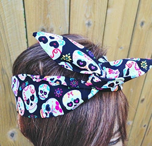 Wired Headband Dolly Sugar Skulls Print Wired Dolly bow Rockabilly Wire Scarf Headband Bohemian Rabbit Ears