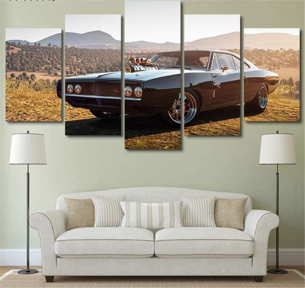 LCCWLH Prints on Canvas 5 Piece 1970 Dodge Charger Rt Canvas Pictures Modular Print Artwork Modern Sports Car Poster Home Decor Wall Art No Frame (Size C)