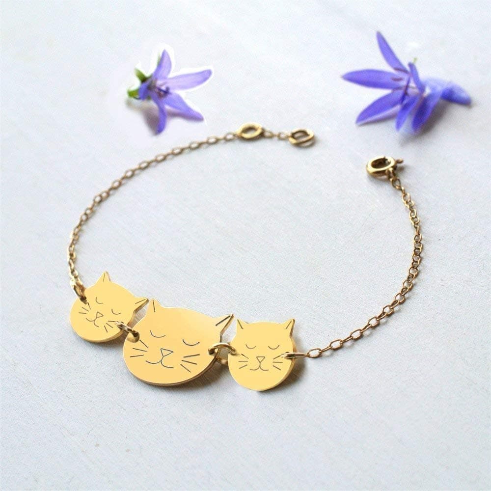 Personalised Gold Mummy Cat Face and Baby Cat Faces Bracelet, cat bracelet, Mother's Day gift, personalised gift, new mom gift, gift for cat lovers