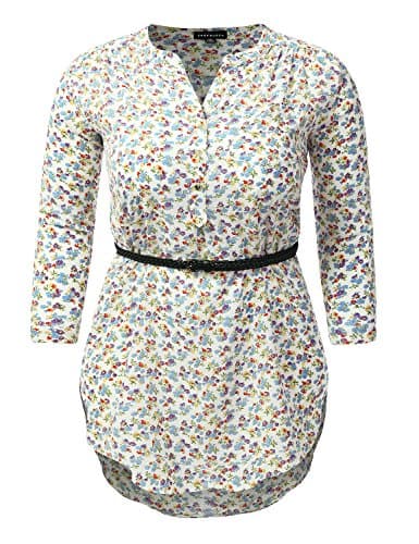 SHOPQUEEN Plus Size Henley Button Down Tunic Shirt Blouse With Belt OFFWHITE 2XL