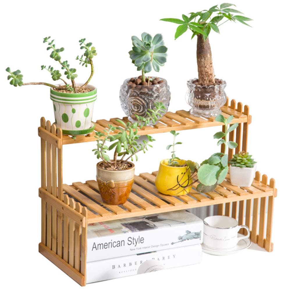 kgjsdf 2 Tier Tabletop Plant Stand, Natural Bamboo Office Tabletop Storage Rack Flower Planter Display Stand, Gardening Organizer for Study Living Room