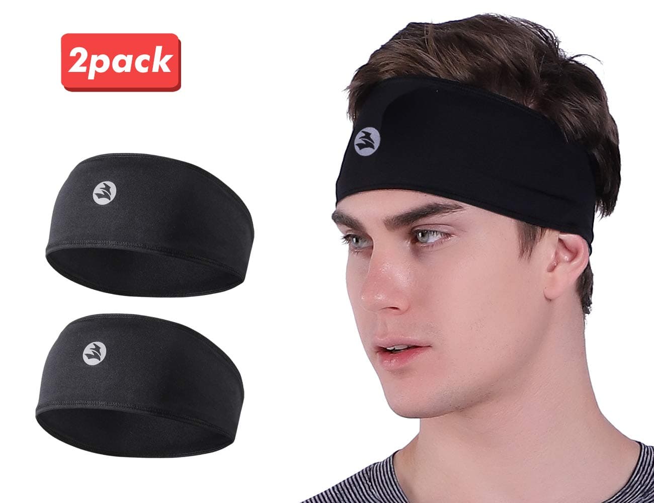 Empirelion Mens Stop Sweat Running Headband (2 Pack) W/Reflective Logo, Guys Double Layers Fast Drying Sports Cooling Sweatband and Helmet Friendly