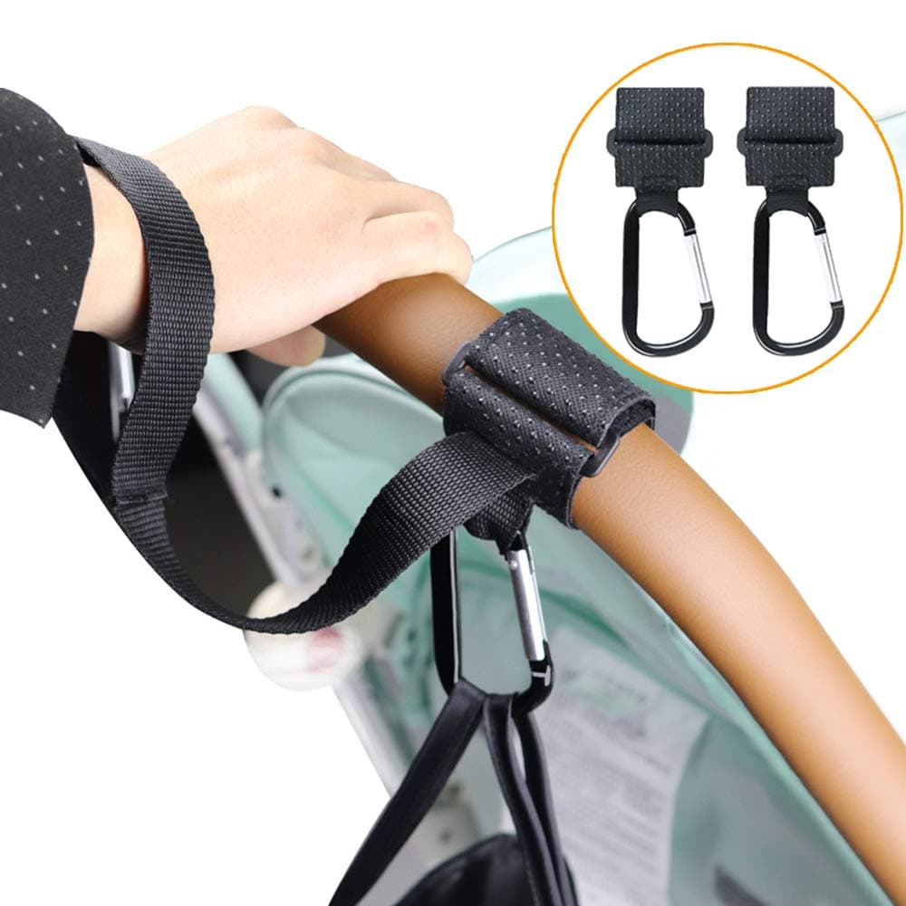 2 Pack Strollers Hooks with Wrist Strap,Baby Buggy Clips,Anti-Skid,Multi Purpose,Universal Fit,Black