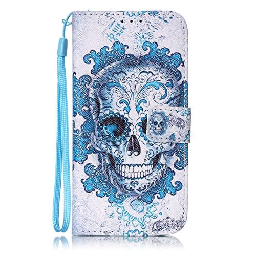Galaxy S7 Case, iBerry Premium Slim-fit Flip PU Leather Wallet Case With Full Body Protective Cover for Samsung Galaxy S7, Blue Skull