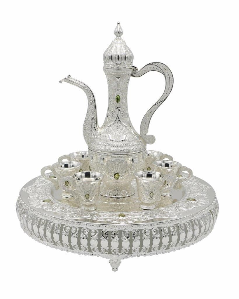 Traditional Turkish Ottoman Style Tea Set for 6 including Tray & Teapot Silver Inset with Crystal Stones