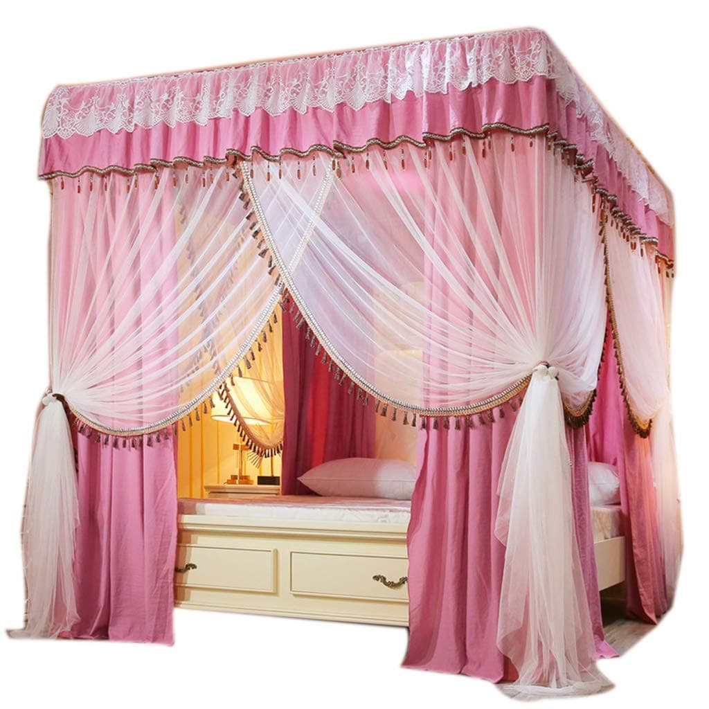 ObokidlyPrincess America Village Four Corner Post Bed Curtain Canopy with Mosquito Net Windproof Lightproof Bed Canopy for Girls Boys Kids Gift Home Bedroom Decoration (Rose, California King)