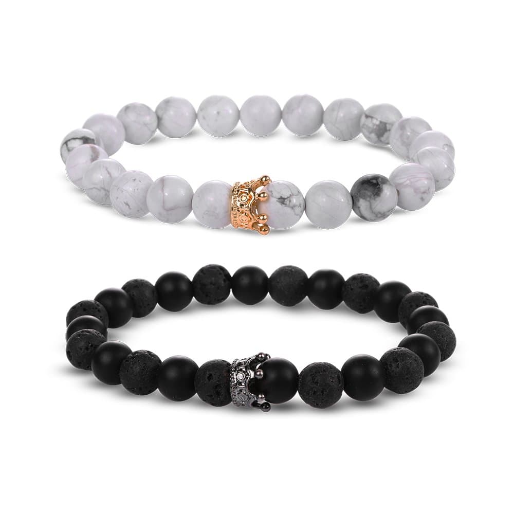 EnjoIt Couple Distance Bracelet Diffuser Beads Crown Queen Bracelets Matte Agate & White Howlite Lava Stone