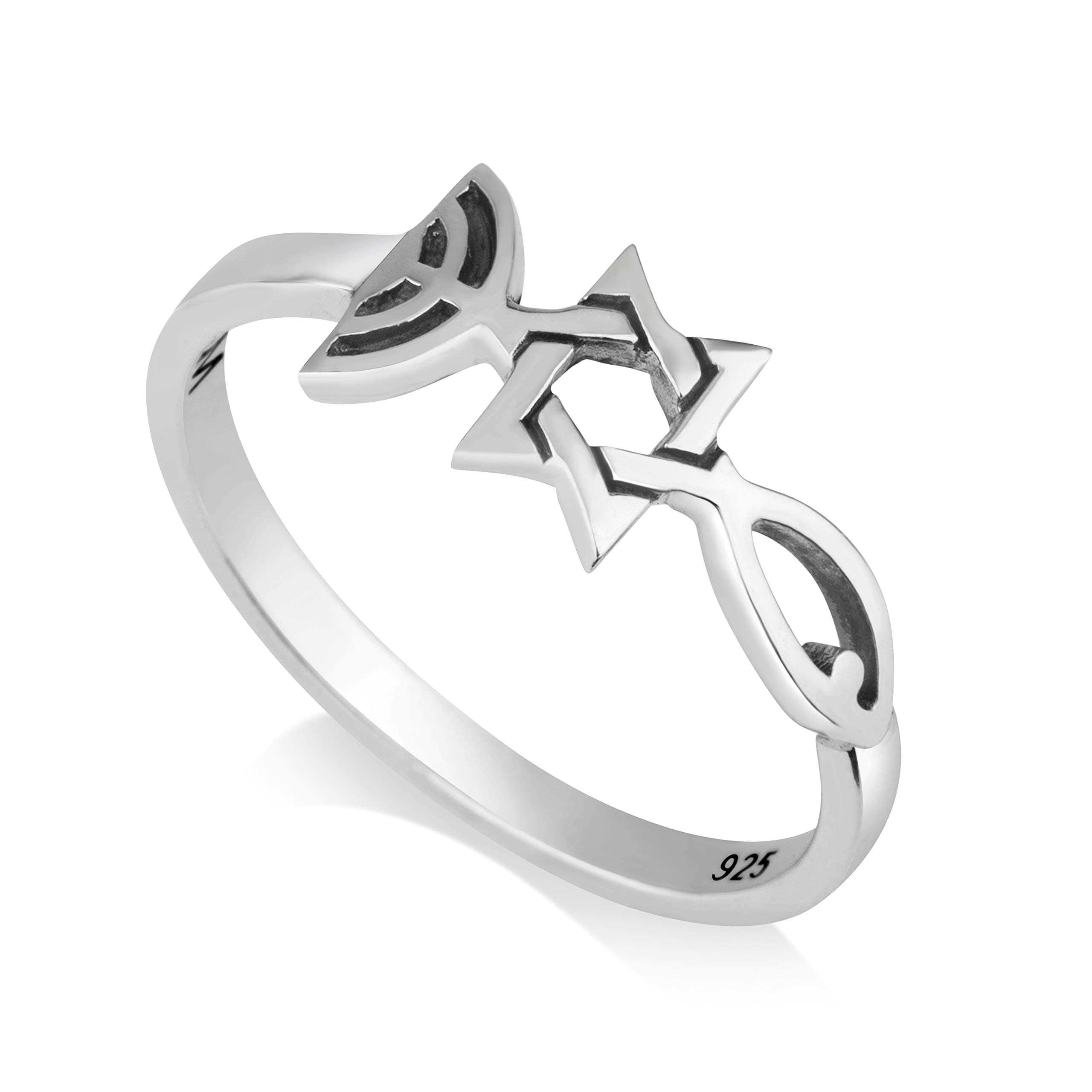 925 Sterling Silver Triple Faith Symbol Ring, Grafted-in, Messianic Seal. Womens or Mens Thin Real Silver Band, Fish, Star of David, Menorah by Marina Jewellery