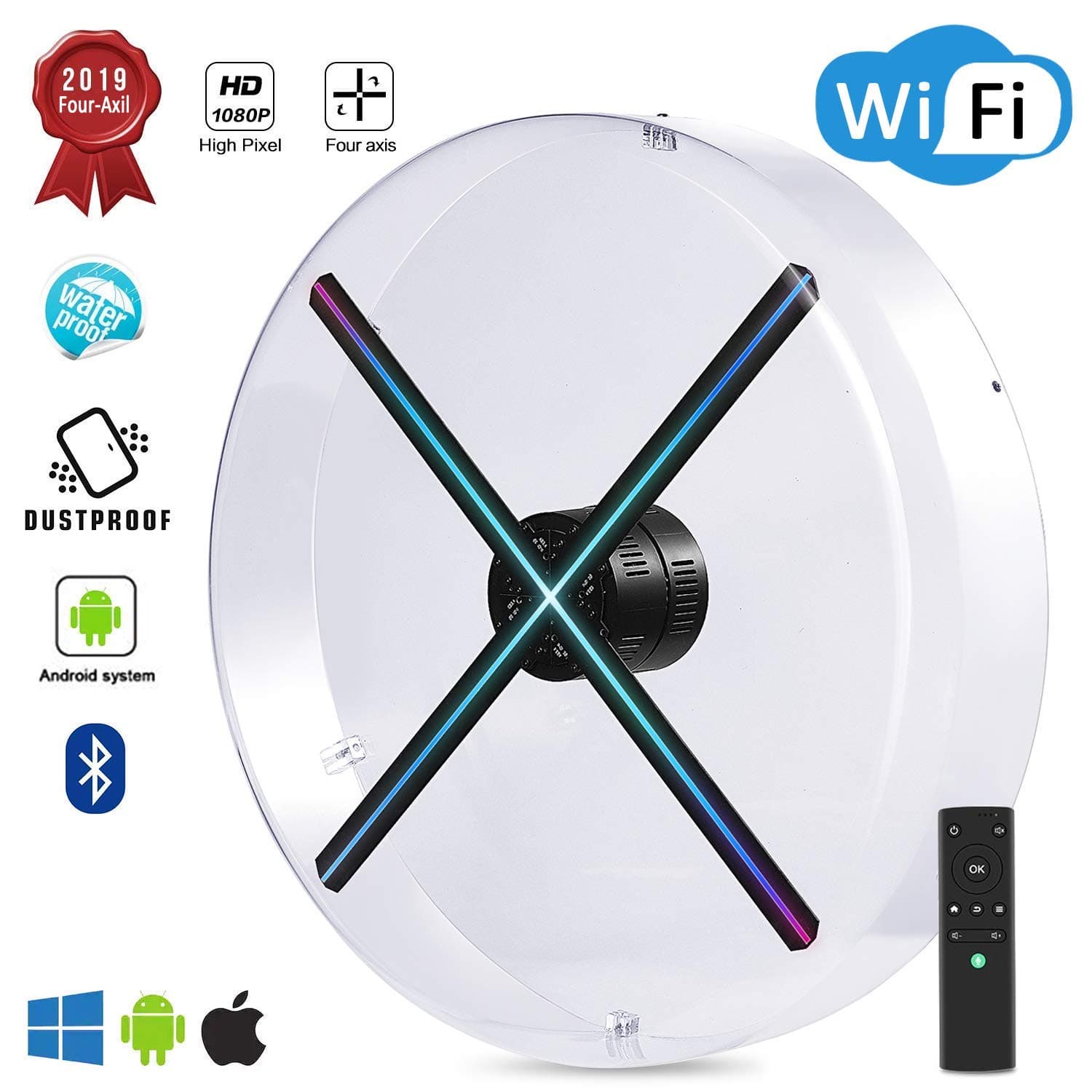 2019 Premium 3D Hologram Fan ,Four-Axil Design Hologram Projector , Android Smart Operating System ,Holographic Advertising Fan Upload by APP /TF Card/Cloud Serve ,Support WiFi+Bluetooth