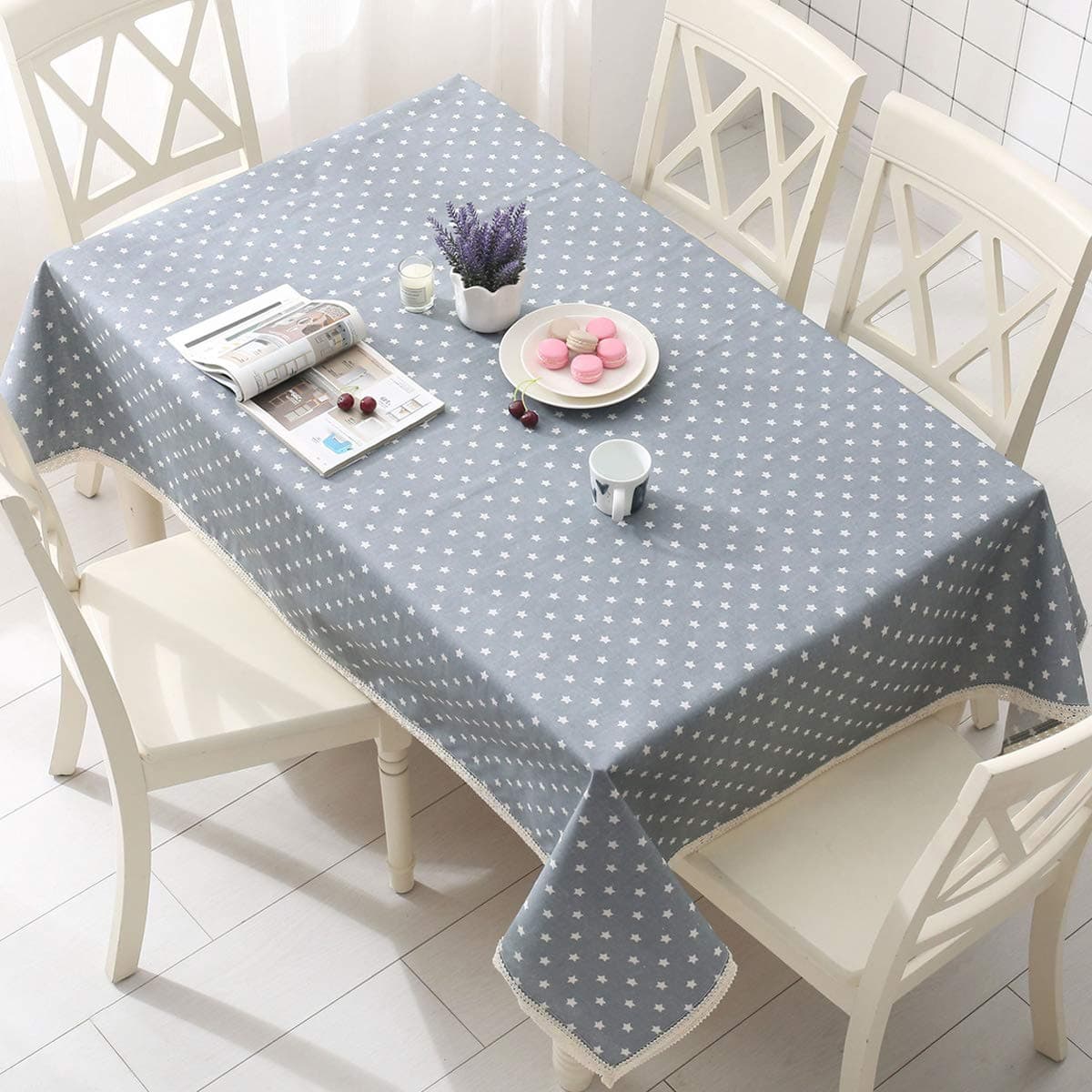 DARUITE Table Cloth,TableCloth Wipeable, Plastic Wipe Clean Tablecloth Rectangular, Waterproof Table Cover for Outdoor, Dining Room,Garden (Linen Grey With Stars 57 inch X 94.5 inch (145 x 240 cm)
