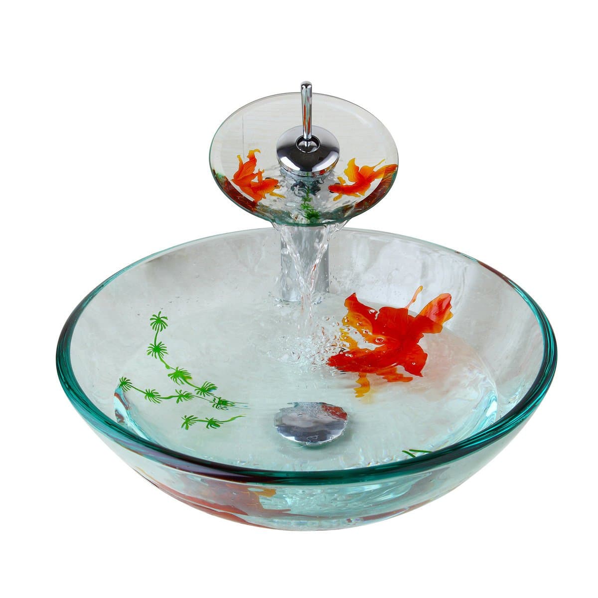 Tempered Glass Vessel Sink Bathroom Fish Painting With Drain Vanity Basin Bowl Mixer Faucet Set