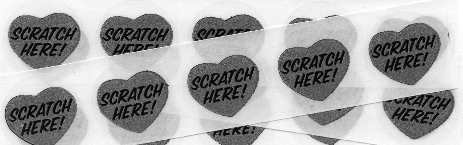 Silver 1" Heart 'Scratch Here' Scratch Off Stickers, Pack of 50