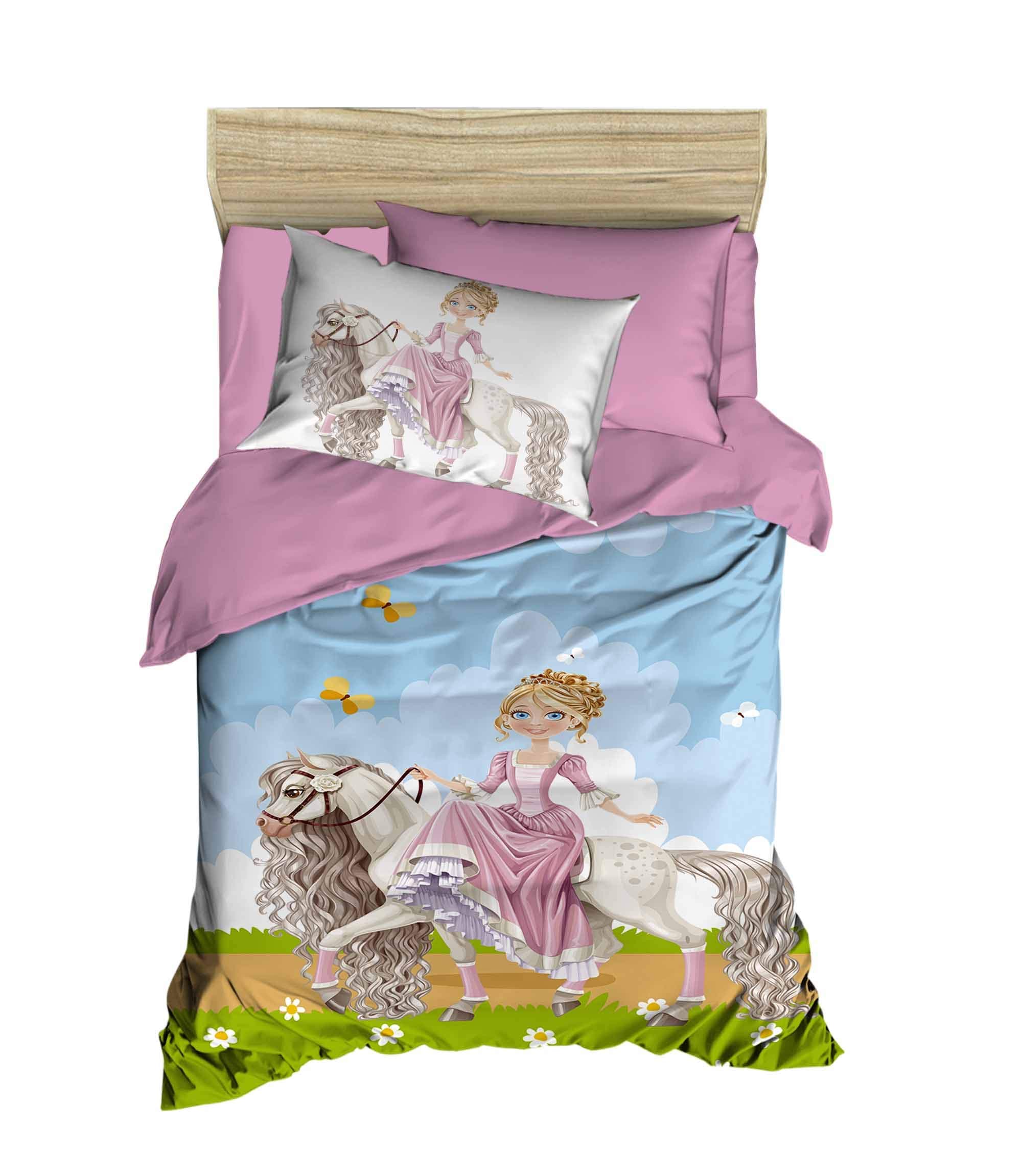 OZINCI DecoMood Unique Design 3D Princess Bedding Set, Princess and Horse Themed Quilt/Duvet Cover Set, Kids Girls Bed Set, Single/Twin Size, Multi Color (4 Pcs)