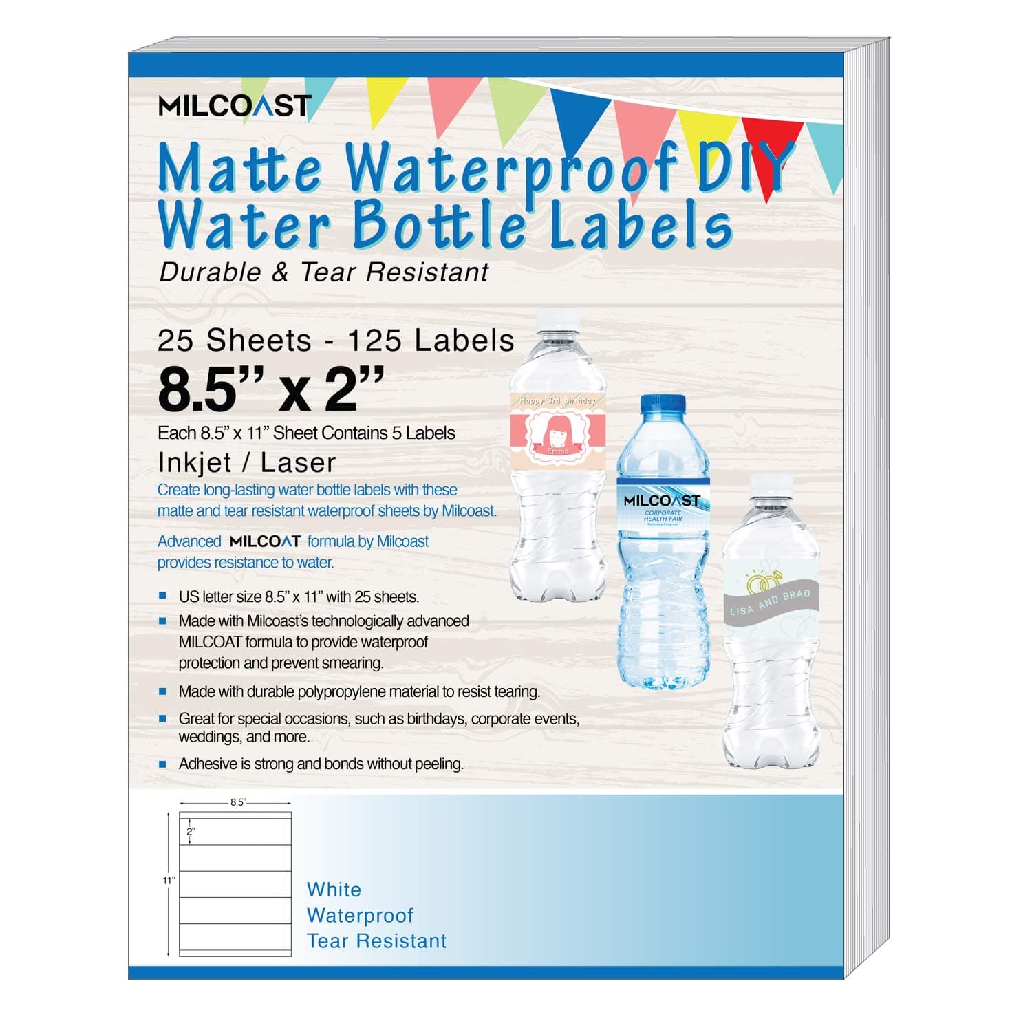 Milcoast Matte Waterproof Tear Resistant DIY Water Bottle Labels 8.5" x 2" for Inkjet/Laser Printers - 25 Sheets