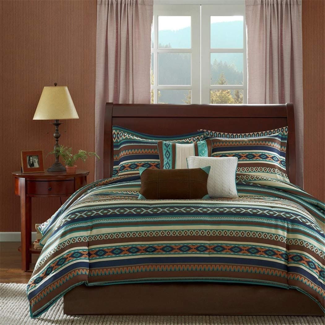 Southwest Turquoise Native American Cal California King Comforter, Shams, Toss Pillows & Bed Skirt (7 Piece Bed in A Bag)