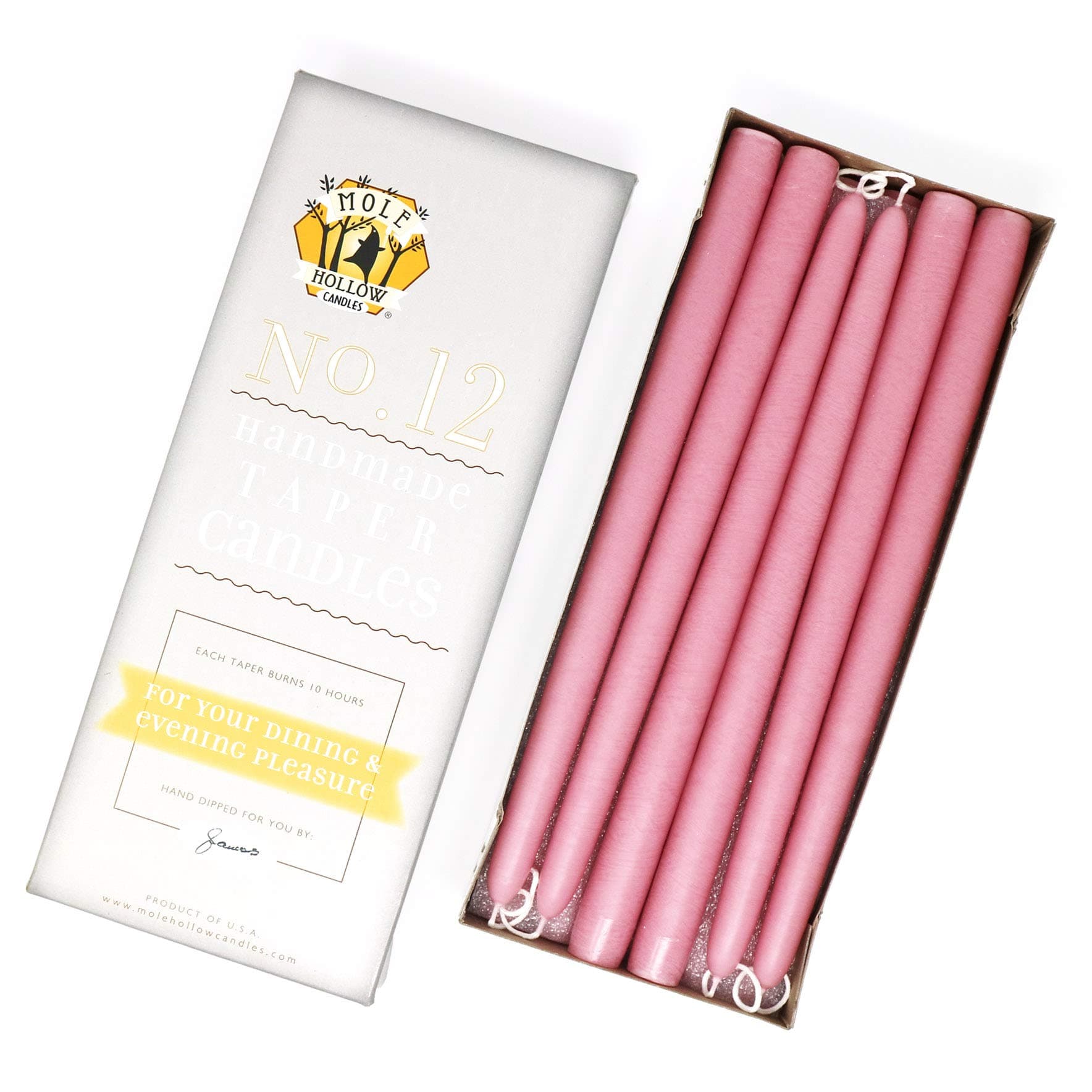 12" Dripless Taper Candles, Dusty Rose - Mole Hollow Candles