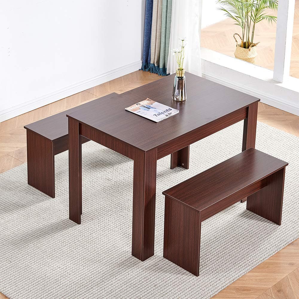 HomeSailing Burlywood Dining Table and 2 Benches Wooden Finish 3 Piece Kitchen Dinette Table and Chairs Set with 4 Seat Space Saver for Small Apartment