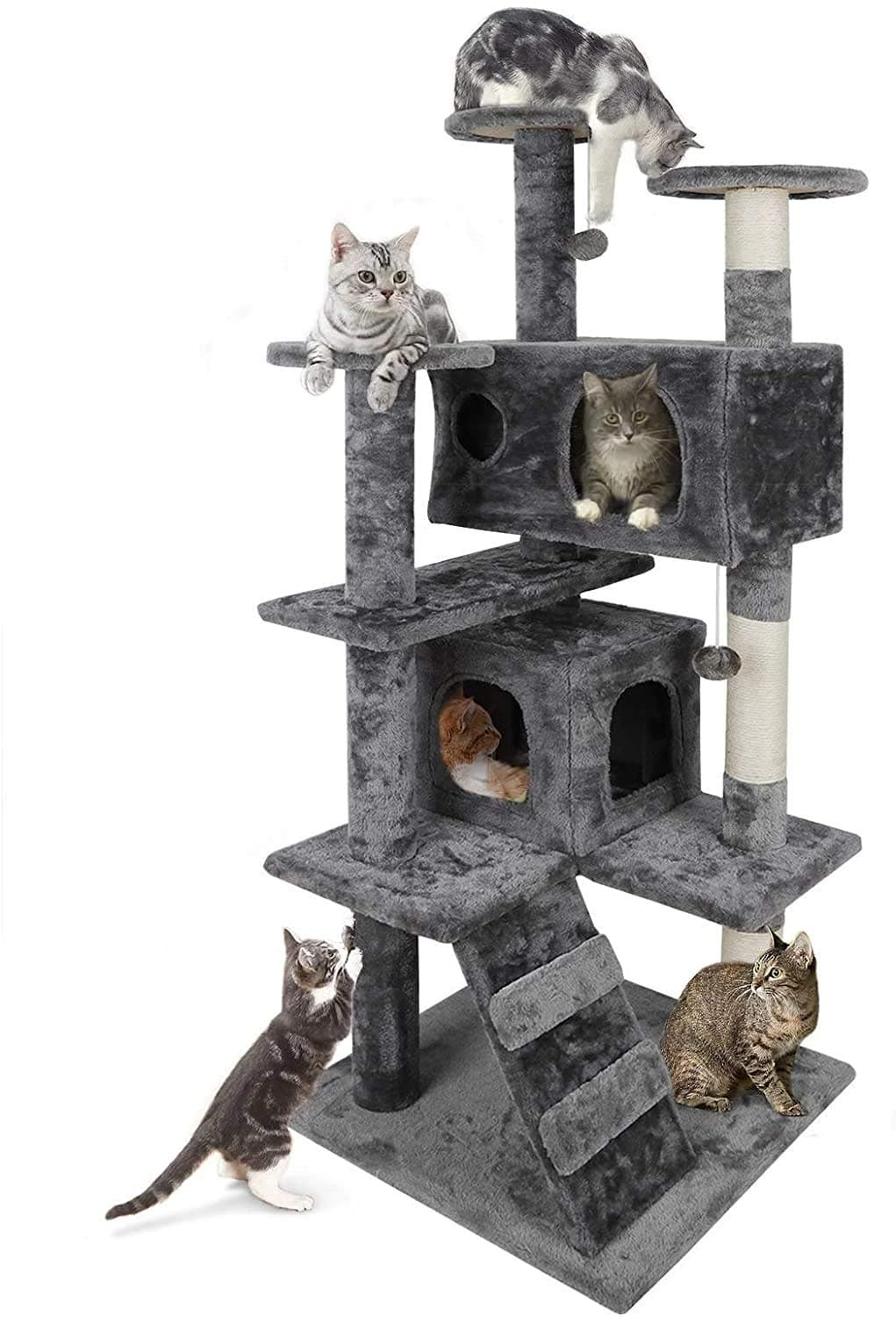 53 Inches Multi-Level Cat Tree Furniture Kitten Activity Play House Bed Pet Kitty Climbing Tower with Scratching Posts/Plush Perch/Scratcher Ladder/Tunnel for Cats,Kittens,Pets (Grey)