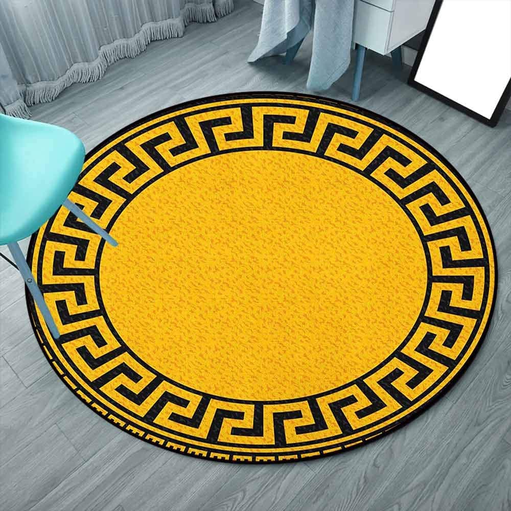 Round Shaggy Area Rugs and Carpet Super Soft Bedroom Carpet Rug for Kids Play (Round-3'7"。), Charcoal Grey Marigold, Greek Key, Sun Inspired Big Circle with Antique Fret and Triangular OrnamentsR110cm