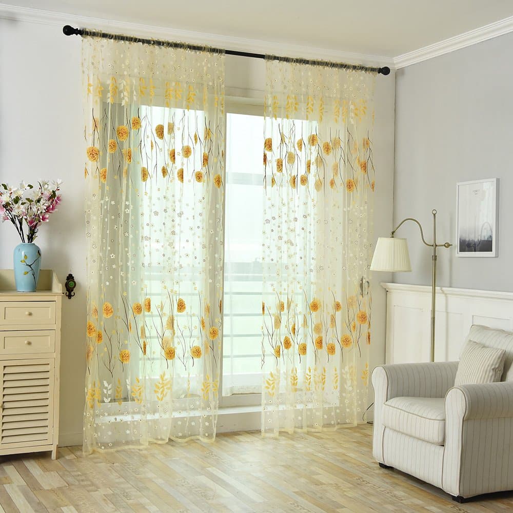 About1988 Leaves Printed Semi Transparent Voile Curtains Classical Embroidery Voile Curtains Ultra Sheer Curtains Eyelet Curtains (Yellow)