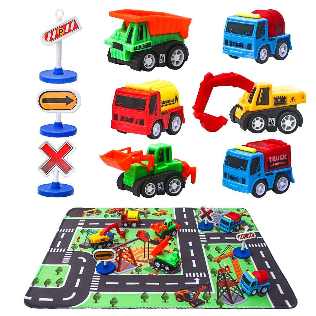 Construction Vehicle Toys with Play Mat, 6 Construction Trucks, 3 Road Signs, 14" x 18" Construction Site Playmat, Engineering Vehicle Sets, Mini Pull Back Car Toys