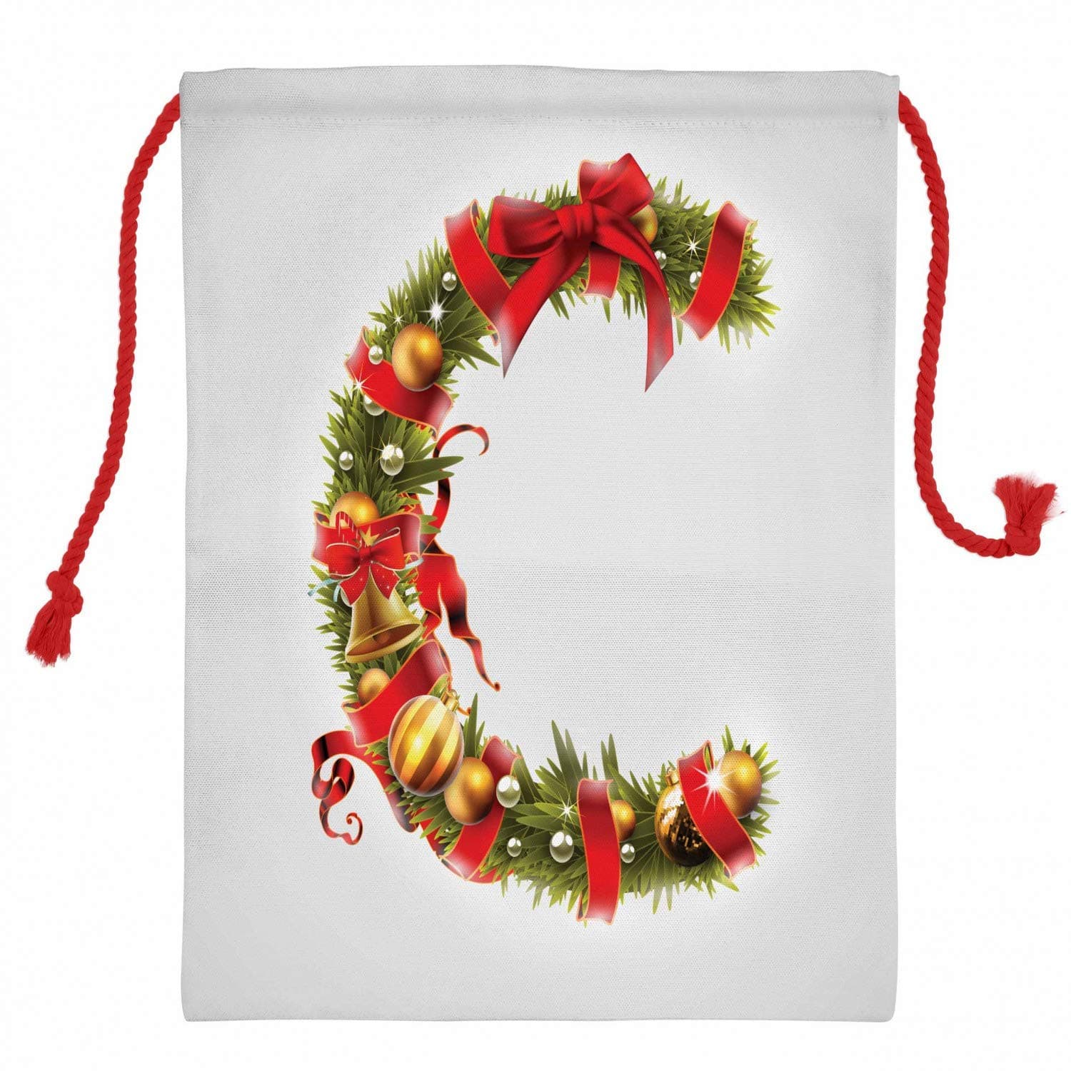 Georgia Barnard Christmas Alphabet Christmas Sack 11.4" x 15.1", Image of Tree Branches as C Letter with Ribbon and Baubles, Santa Sack Bag Canvas Fabric for Gifts and Storage, Christmas Bag