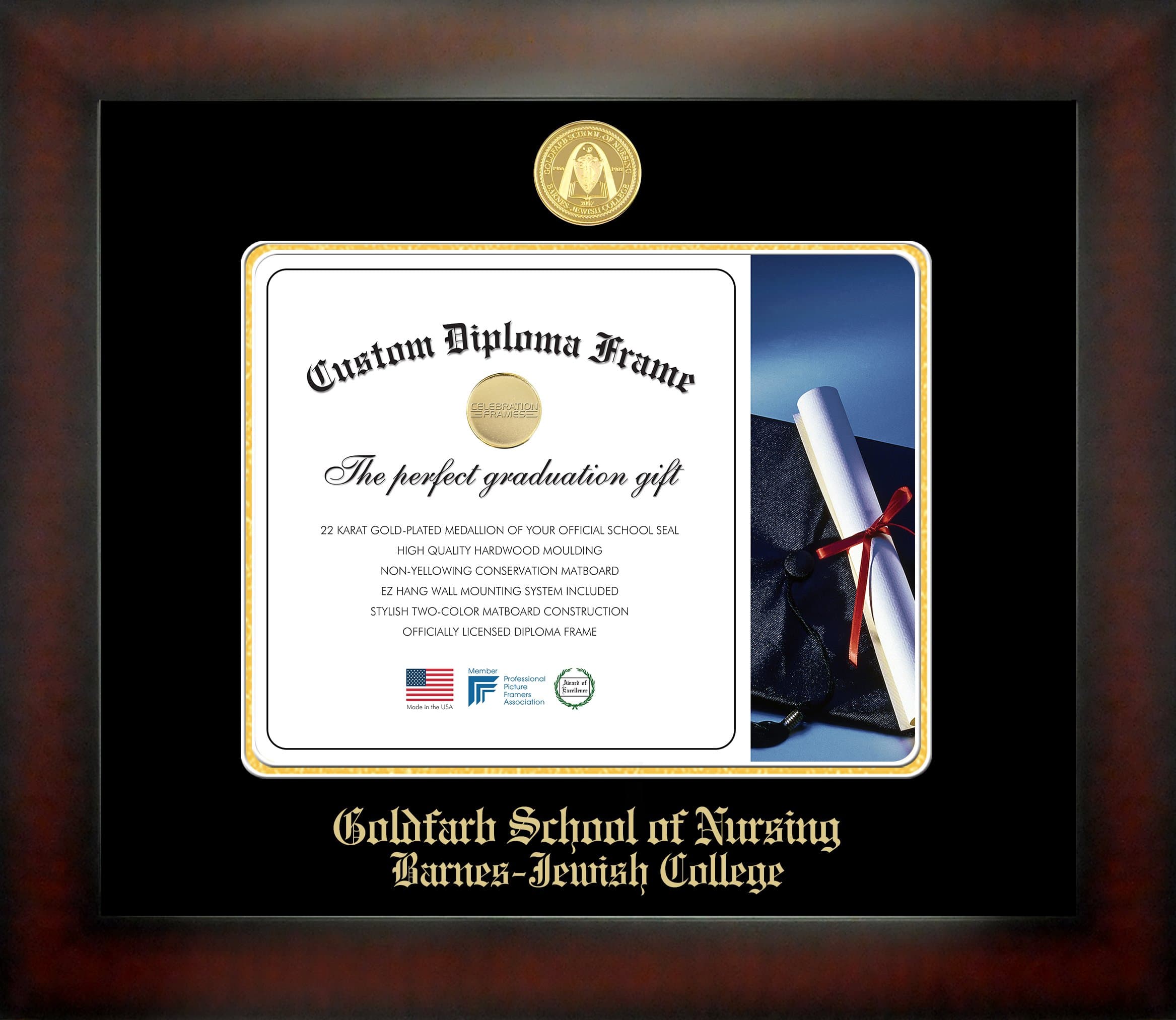 Celebration Frames Goldfarb School of Nursing Barnes-Jewish College 8½ x 11 Mahogany Finish Infinity Diploma Frame