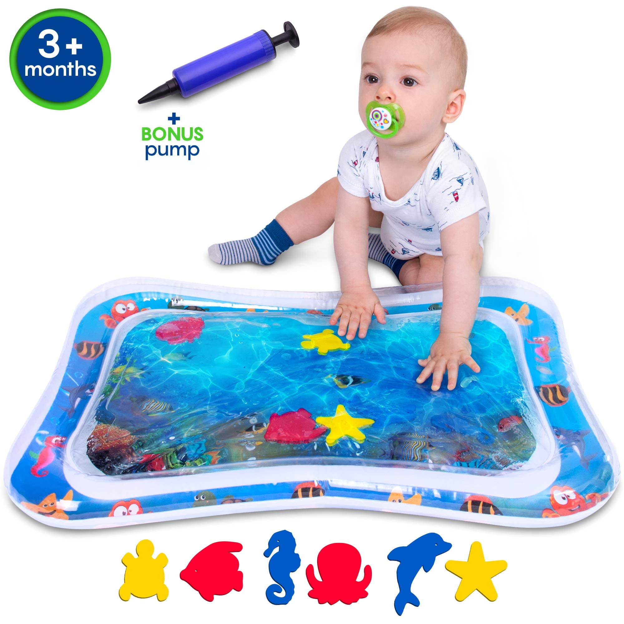 Inflatable Tummy Time Water Play Mat for Baby & Infant with Wider Hole for Easier Filling, Pump Included, CPC Certified for Child Safety. Colorful, Playful Sea Images