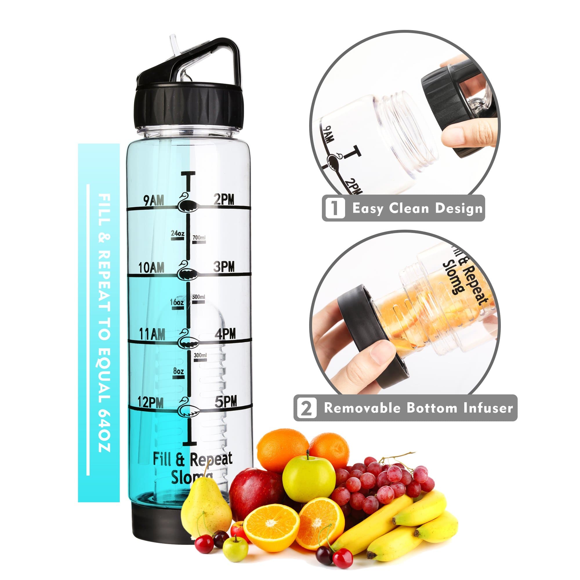 Easy Clean 32 oz Straw Water Bottle, Leak Proof Measurement Markings Water Bottle Time Marker, Eco Friendly BPA Free Fruit Infuser Water Bottle oz Tracker, Office 1 Liter Gym Bottle Reminder to Drink