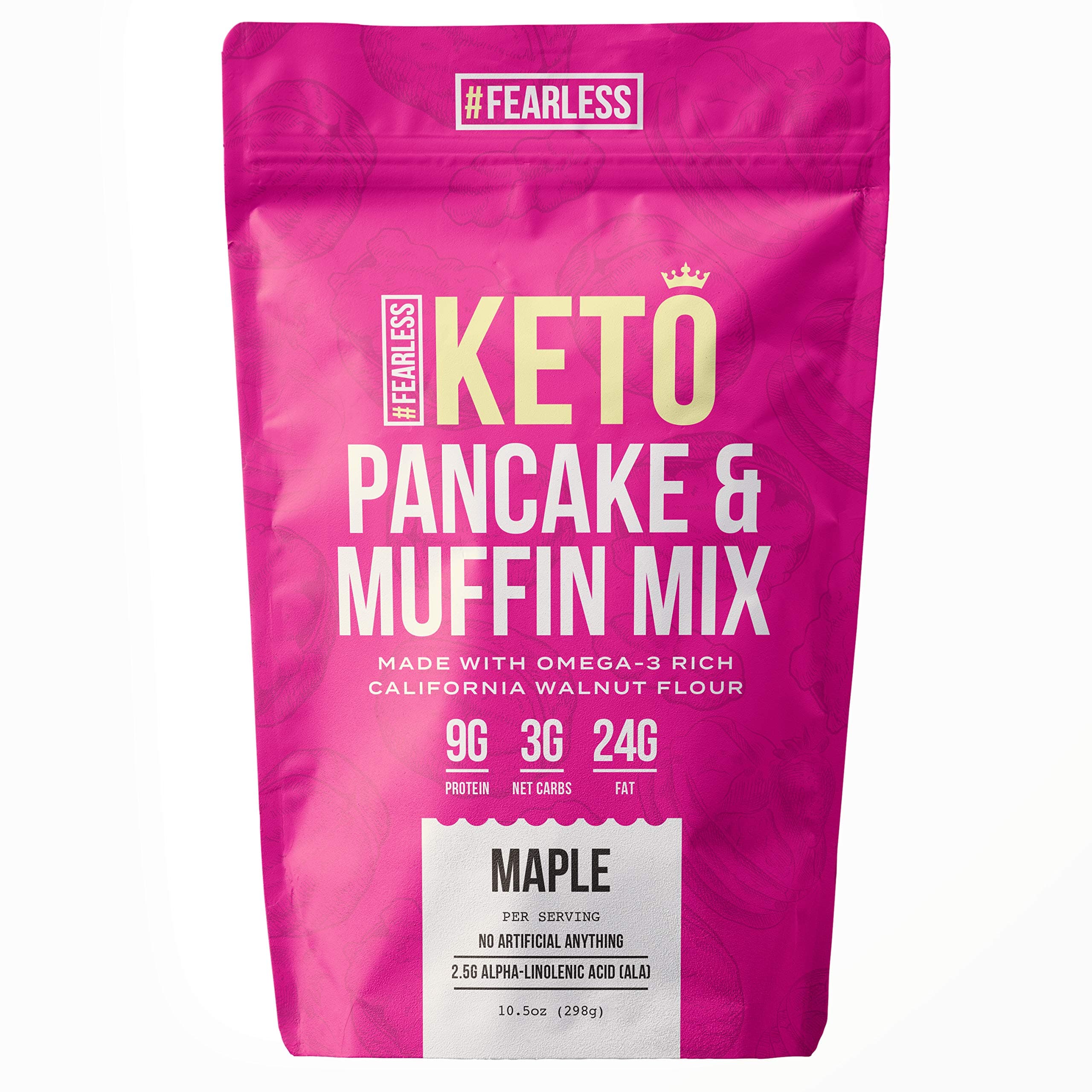 Fearless Keto Pancakes & Muffin Mix, 3g Net Carb, High Protein, Monk Fruit Sweetened, Prebiotic Pancake Mix, Made with Omega-3 Rich California Walnut Flour, 10.5 oz (Maple Flavor)