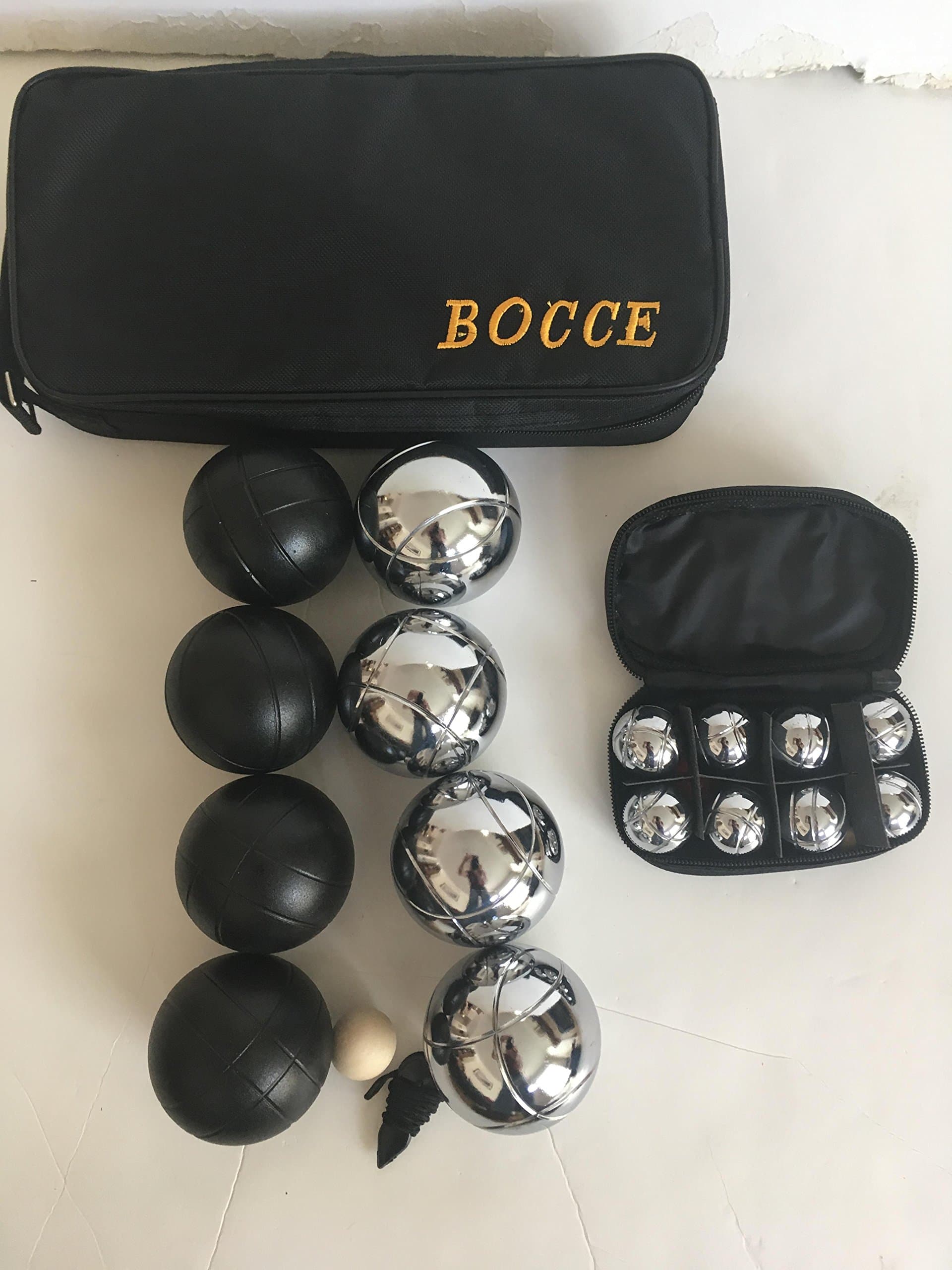 BuyBocceBalls Listing - 8 Ball Little and Large Pack - Combo 73mm Black/Silver Balls and 35mm Metal Bocce/Petanque Sets with Black Bags