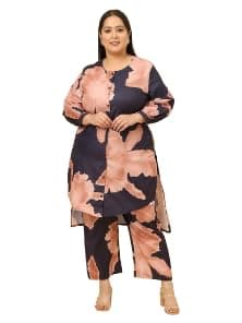 SringamWomen's Blue and Pink Floral Printed Tunic with Trouser | Plus Size Co-ord Set