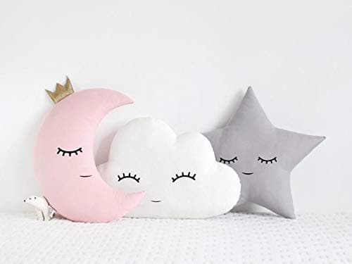 The Purple Tree Cute Cloud Moon Star Cot Cushion (Pack of 3, 16x16 inch, Velvet) Kids Cushion, Soft Toy, Soft Plush Pillow, cot Cushion, Nursery Decor, Baby Cushion, Pink and Grey