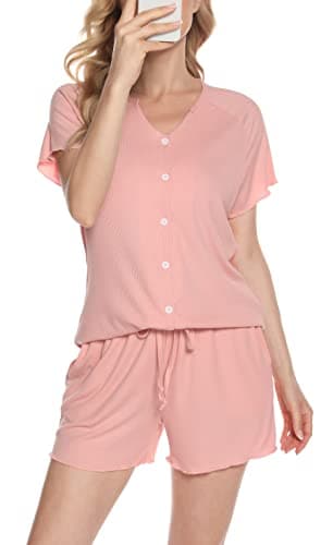 Vlazom Women Pyjamas Set, Button Down Pj's Sets Soft Lounge Sets Chic 2 Piece Top and Shorts for Loungewear Sleepwear