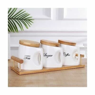 Ceramic Tea,Coffee and Sugar Canister Set (White_750ml) Set of 3 Jar with Bamboo Base and ceramic spoons