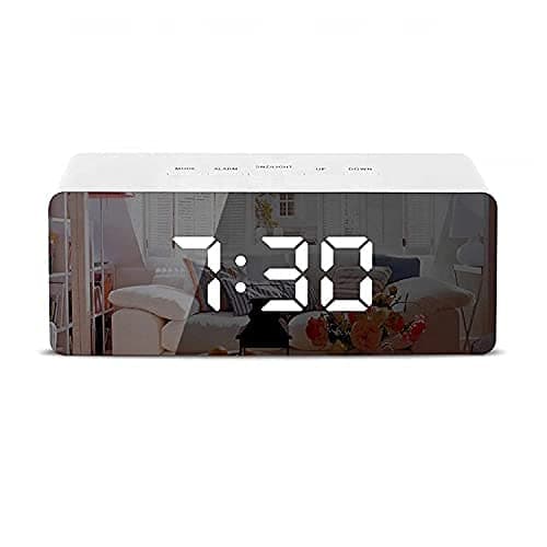 NMS TRADERS Mirror Alarm Clock for Heavy Sleepers Large LED Display, Digital LED Alarm Clock with Snooze Time Temperature Function for Bedroom, Office, Travel Battery Powered USB Powered (White)