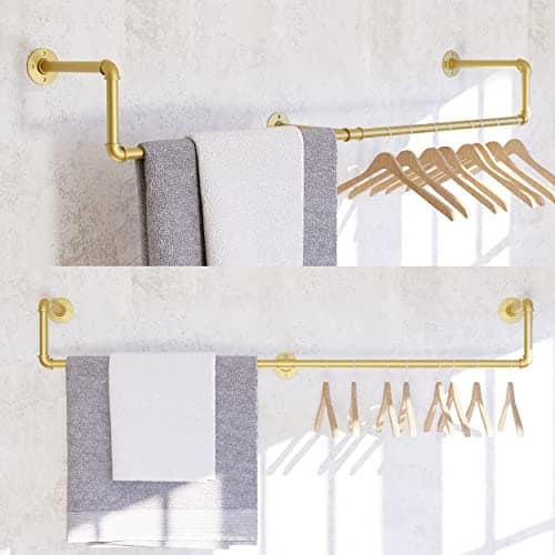 Industrial Pipe Clothing Rack, Wall Mounted Clothes Rack, Industrial Clothing Rack, Pipe Clothing Rack, Closet Rods for Hanging Clothes, 100% Galvanized Steel (59 in, Gold)
