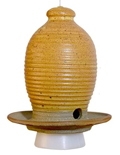 Beehive Hanging Bird Seed Feeder: Hand-thrown Weatherproof Stoneware Pottery, Butternut Color