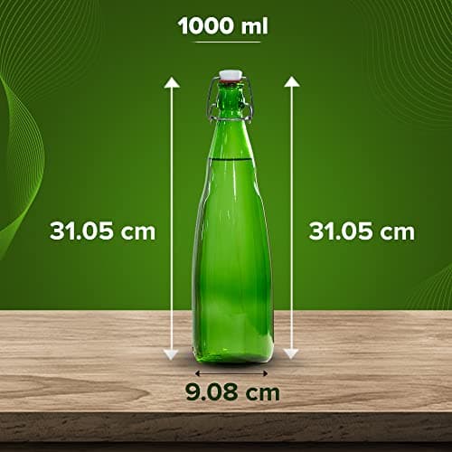 SAND DUNE Set of 3, 1000 ml Each OPT3 Green Glass clip top cap water bottle with flip top cap, Leak-Proof for water, Juices - Reusable Travel Glass Drinking Fridge Bottles