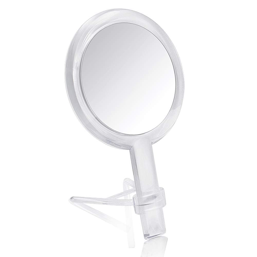 1X & 10X Magnifying Double Side Hand Makeup Mirror with Stand, Handheld Vanity Mirror, Clear