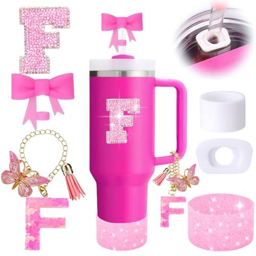 6PCS Pink Stanley Cup Accessories Set, Initials Decorations for Stanley Cup 30oz 40oz, Includes Bow Straw Topper, Handle Charm, Letter Sticker, Silicone Boot, Spill Proof Stopper (Letter F)