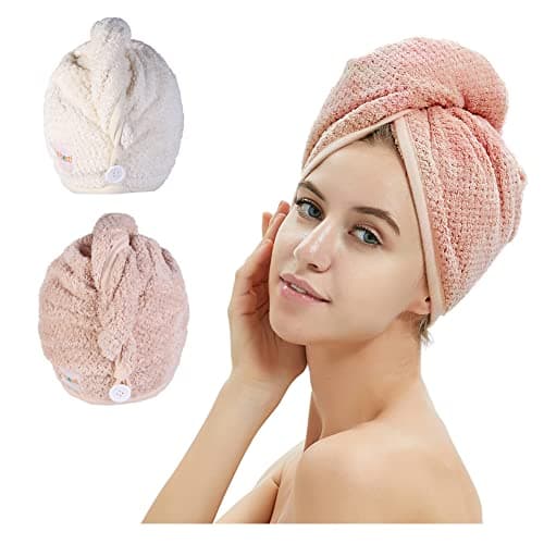 Hair Towel Wrap,Hair Drying Towel with Buttons, Microfiber Towel, Dry Hair Hat, Bath Hair Cap (Pink)