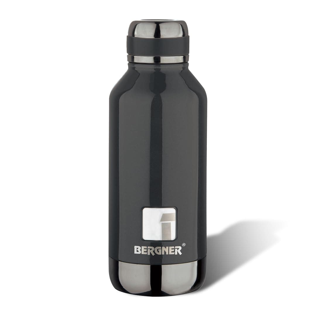 Bergner Walking 1000 ml Thermo Steel Bottle/Flask, Hot/Cold, Vacuum Insulated, For Water/Coffee/Tea/Soup/Juice, Use in Office/Commute/Sports/Travel, Screw On Top Lid, Metallic Ebony/Black, Rust/Leak Proof