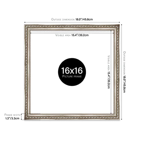 Almost Frameless 16x16 Silver Ornate Picture Frame 16"x16"(40.6x40.6cm) Poster, Photo, Artwork, or Print. Elegant Style Portrait and Landscape Display with Wall Hooks