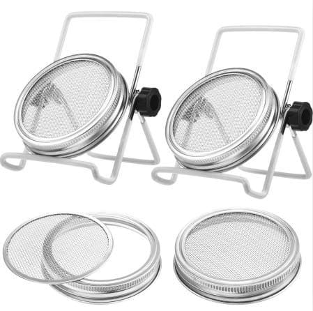 Godagoda 4 Pack Stainless Steel Sprouting Jar Lid Kit with 2 Pack Sprouting Stands for Wide Mouth Mason Jars, Strainer Screen for Canning Jars and Seed Sprouting